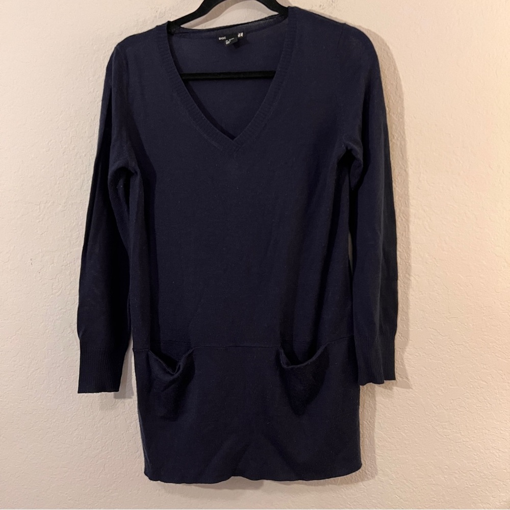 H&M Basic Black Tunic Sweater Small Wool Blend Pockets Long Sleeve